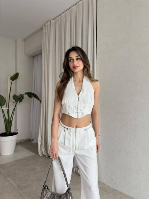 DUALS FERMUARLI SIRT DEKOLTELİ CROP PANTOLON BEYAZ TAKIM - 2
