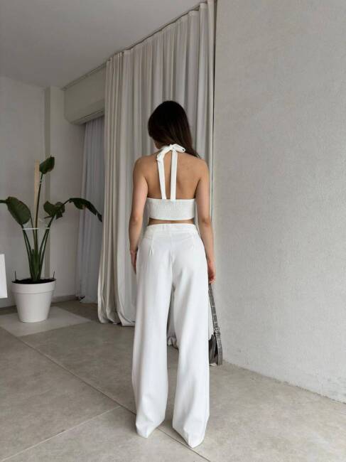DUALS FERMUARLI SIRT DEKOLTELİ CROP PANTOLON BEYAZ TAKIM - 3
