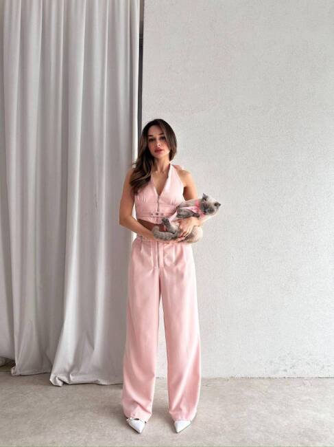 DUALS FERMUARLI SIRT DEKOLTELİ CROP PANTOLON PEMBE TAKIM - 2