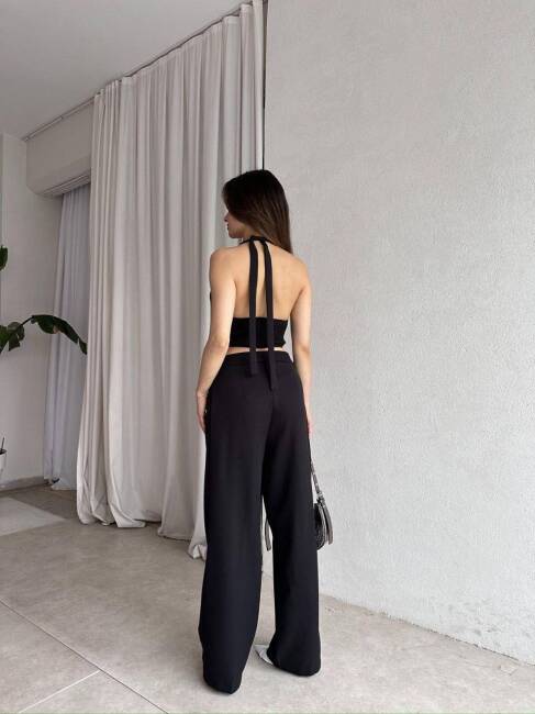 DUALS FERMUARLI SIRT DEKOLTELİ CROP PANTOLON SİYAH TAKIM - 2
