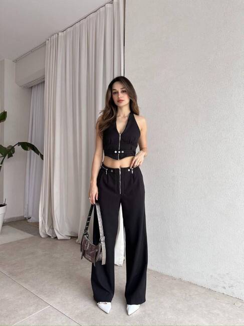 DUALS FERMUARLI SIRT DEKOLTELİ CROP PANTOLON SİYAH TAKIM - 3