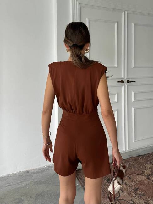 ELİJAH KEMERLİ V YAKA KAHVERENGİ TULUM - 2