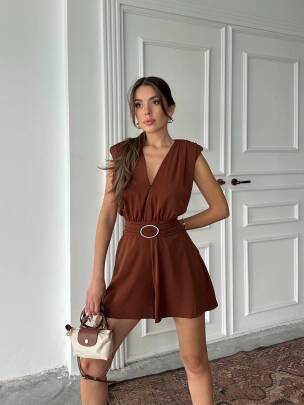 ELİJAH KEMERLİ V YAKA KAHVERENGİ TULUM - MAXMOOR