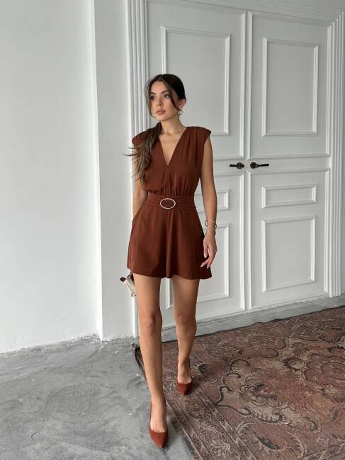 ELİJAH KEMERLİ V YAKA KAHVERENGİ TULUM - 3