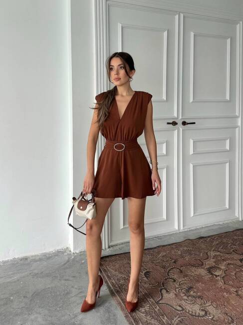 ELİJAH KEMERLİ V YAKA KAHVERENGİ TULUM - 4