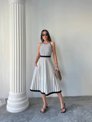 EVELYN Çizği Detaylı Midi Elbise 3062 - Beyaz - MAXMOOR