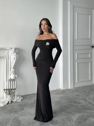  GRACE Broş Detaylı Elbise 3072 - Acı Kahve - MAXMOOR