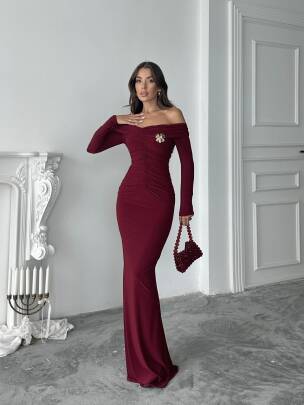  GRACE Broş Detaylı Elbise 3072 - Bordo - MAXMOOR