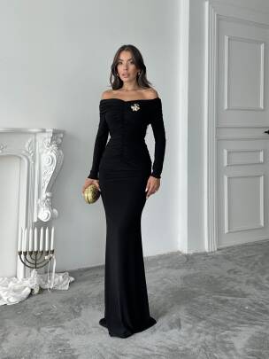  GRACE Broş Detaylı Elbise 3072 - Siyah - MAXMOOR