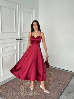HANAN SATEN ASKILI MİDİ PRENSES BORDO ELBİSE - MAXMOOR