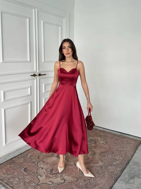 HANAN SATEN ASKILI MİDİ PRENSES BORDO ELBİSE - 1