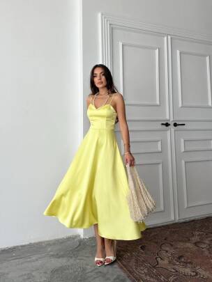 HANAN SATEN ASKILI MİDİ PRENSES SARI ELBİSE - MAXMOOR