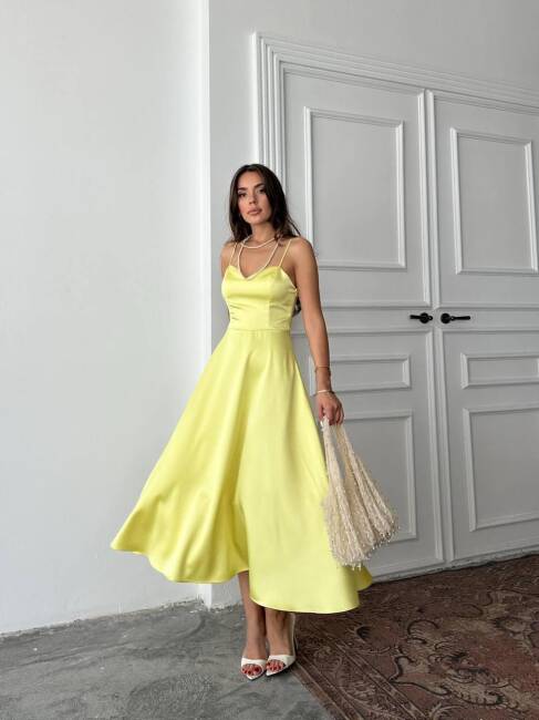 HANAN SATEN ASKILI MİDİ PRENSES SARI ELBİSE - 1