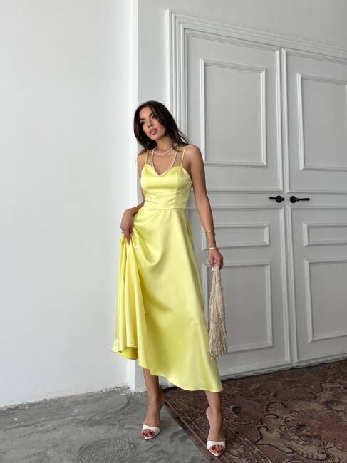 HANAN SATEN ASKILI MİDİ PRENSES SARI ELBİSE - 3