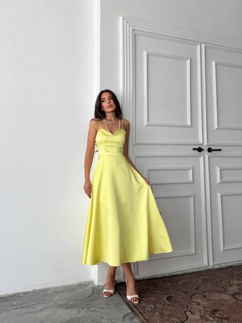 HANAN SATEN ASKILI MİDİ PRENSES SARI ELBİSE - 4