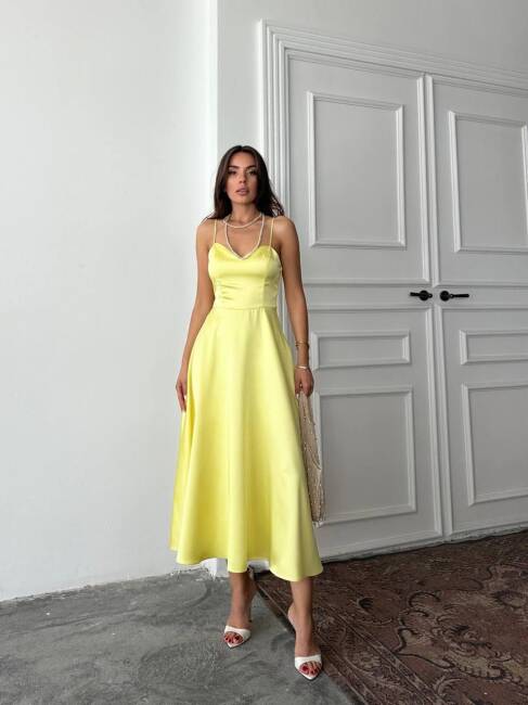 HANAN SATEN ASKILI MİDİ PRENSES SARI ELBİSE - 5