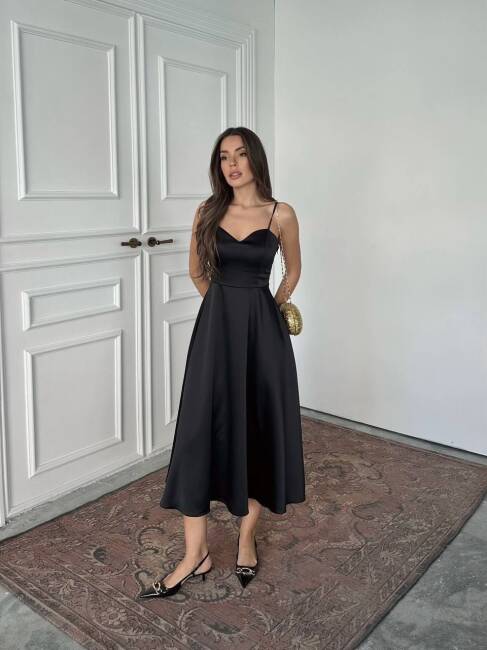 HANAN SATEN ASKILI MİDİ PRENSES SİYAH ELBİSE - 1