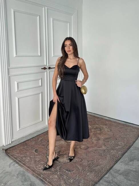 HANAN SATEN ASKILI MİDİ PRENSES SİYAH ELBİSE - 3