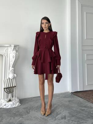 HAZEL Kuşaklı Elbise 1242 - Bordo - MAXMOOR