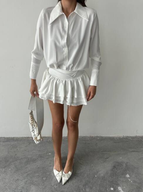 JANA KATLI BEL DETAYLI MİNİ TİRİL GOMLEK BEYAZ ELBİSE - 4