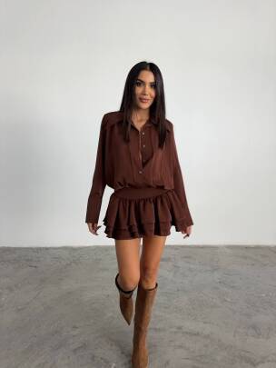 JANA KATLI BEL DETAYLI MİNİ TİRİL GOMLEK KAHVERENGİ ELBİSE - MAXMOOR