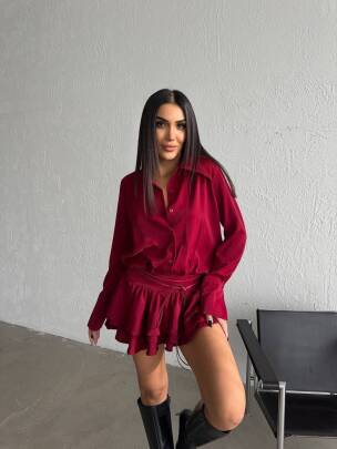 JANA KATLI BEL DETAYLI MİNİ TİRİL GOMLEK BORDO ELBİSE - MAXMOOR