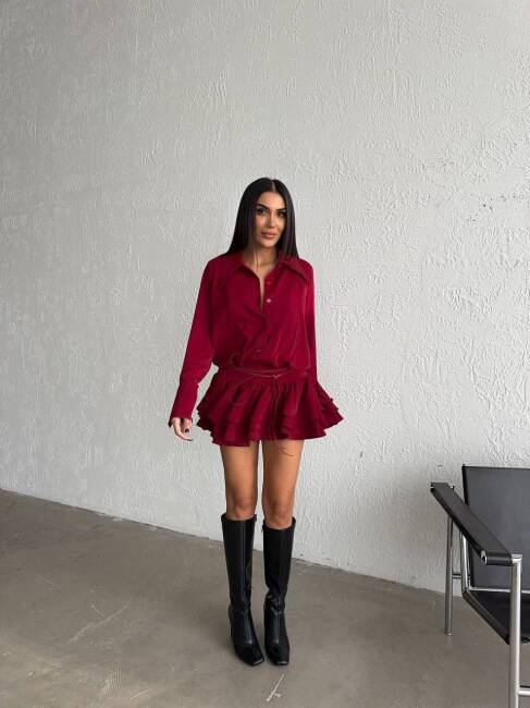 JANA KATLI BEL DETAYLI MİNİ TİRİL GOMLEK BORDO ELBİSE - 3