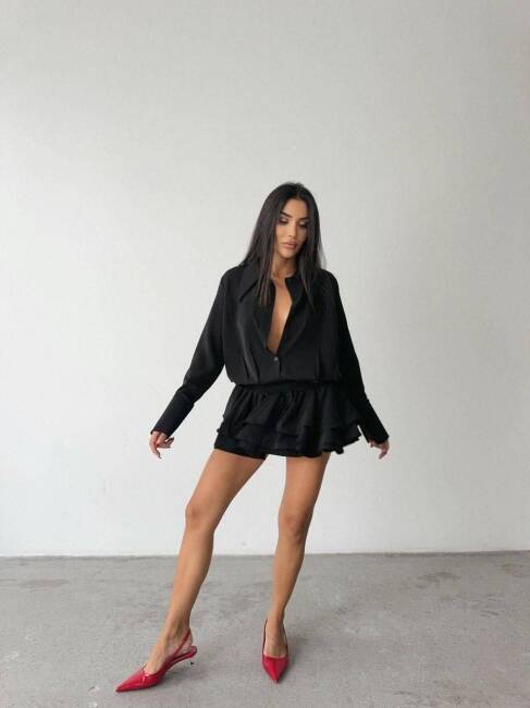 JANA KATLI BEL DETAYLI MİNİ TİRİL GOMLEK SİYAH ELBİSE - 1