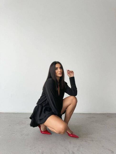 JANA KATLI BEL DETAYLI MİNİ TİRİL GOMLEK SİYAH ELBİSE - 2