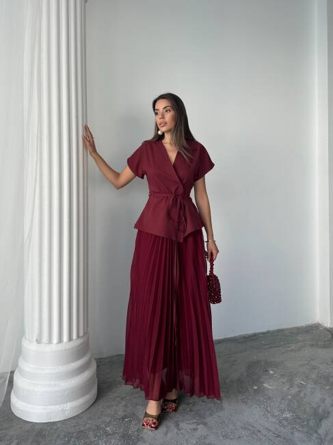 JESERA PİLELİ MAXİ ETEK KUŞAKLI CEKET BORDO TAKIM - 1