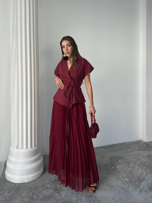 JESERA PİLELİ MAXİ ETEK KUŞAKLI CEKET BORDO TAKIM - 2