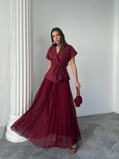 JESERA PİLELİ MAXİ ETEK KUŞAKLI CEKET BORDO TAKIM - 3