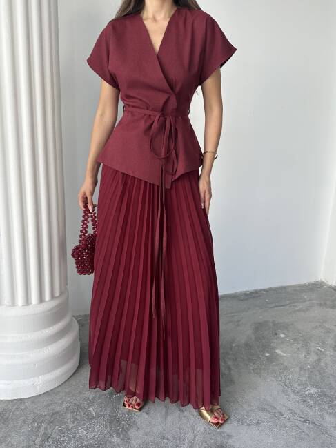 JESERA PİLELİ MAXİ ETEK KUŞAKLI CEKET BORDO TAKIM - 4
