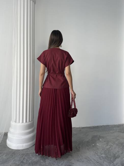 JESERA PİLELİ MAXİ ETEK KUŞAKLI CEKET BORDO TAKIM - 5