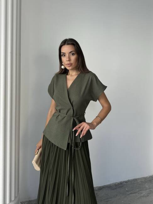 JESERA PİLELİ MAXİ ETEK KUŞAKLI CEKET HAKİ TAKIM - 1