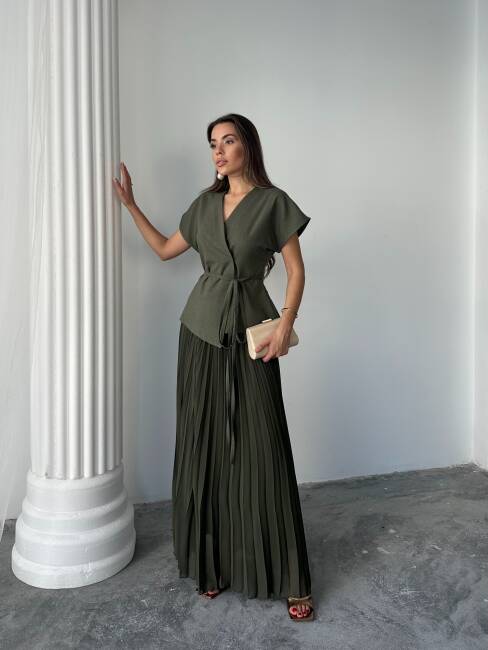 JESERA PİLELİ MAXİ ETEK KUŞAKLI CEKET HAKİ TAKIM - 2