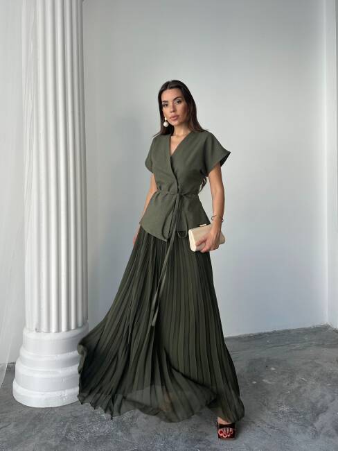 JESERA PİLELİ MAXİ ETEK KUŞAKLI CEKET HAKİ TAKIM - 3