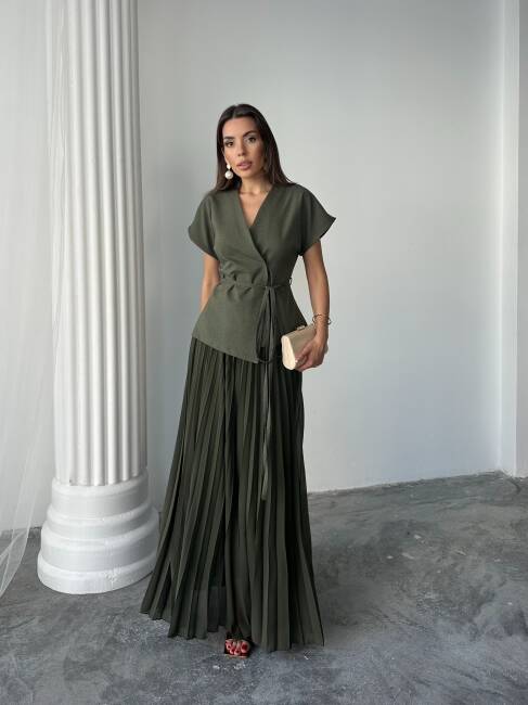 JESERA PİLELİ MAXİ ETEK KUŞAKLI CEKET HAKİ TAKIM - 5