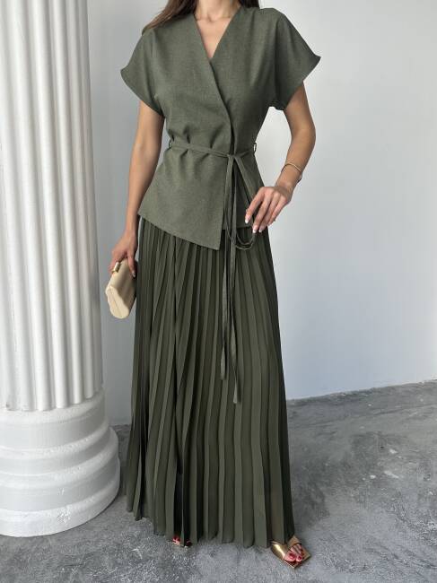 JESERA PİLELİ MAXİ ETEK KUŞAKLI CEKET HAKİ TAKIM - 6