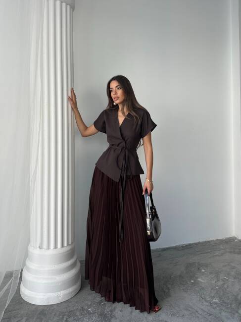 JESERA PİLELİ MAXİ ETEK KUŞAKLI CEKET KAHVERENGİ TAKIM - 1