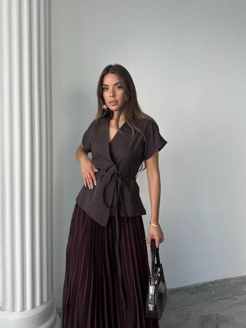 JESERA PİLELİ MAXİ ETEK KUŞAKLI CEKET KAHVERENGİ TAKIM - 2