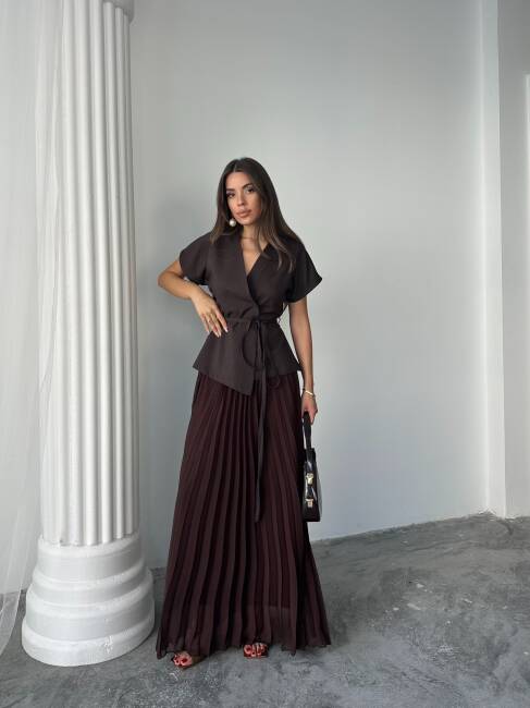 JESERA PİLELİ MAXİ ETEK KUŞAKLI CEKET KAHVERENGİ TAKIM - 3