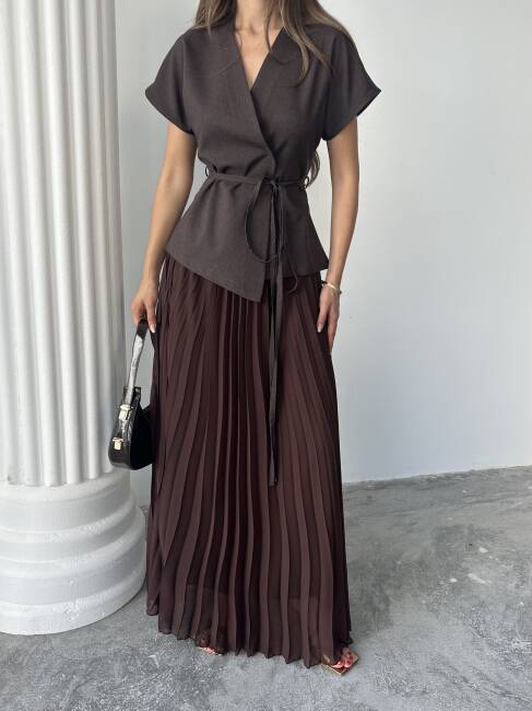 JESERA PİLELİ MAXİ ETEK KUŞAKLI CEKET KAHVERENGİ TAKIM - 6