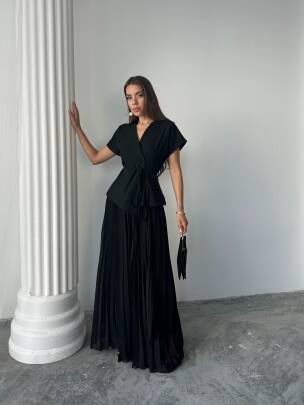 JESERA PİLELİ MAXİ ETEK KUŞAKLI CEKET SİYAH TAKIM - MAXMOOR