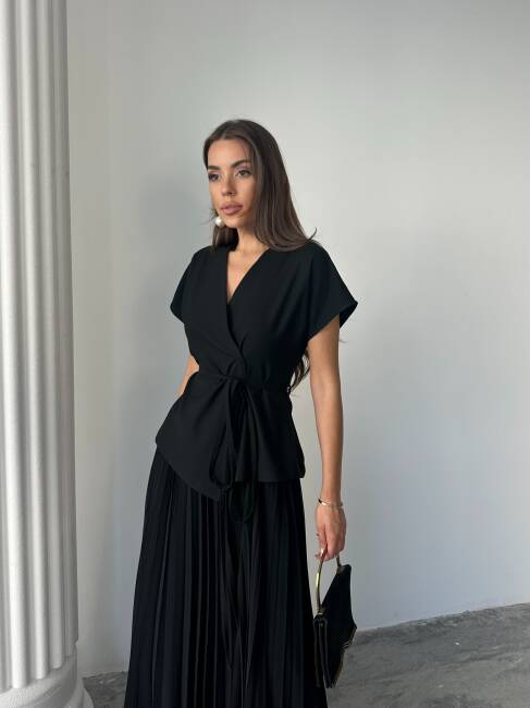 JESERA PİLELİ MAXİ ETEK KUŞAKLI CEKET SİYAH TAKIM - 2