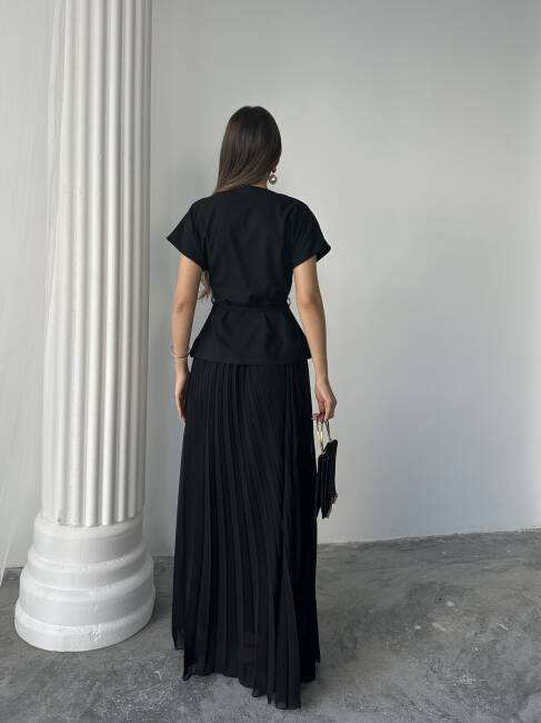 JESERA PİLELİ MAXİ ETEK KUŞAKLI CEKET SİYAH TAKIM - 4