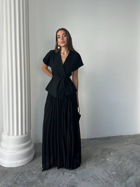 JESERA PİLELİ MAXİ ETEK KUŞAKLI CEKET SİYAH TAKIM - 5