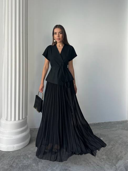 JESERA PİLELİ MAXİ ETEK KUŞAKLI CEKET SİYAH TAKIM - 6