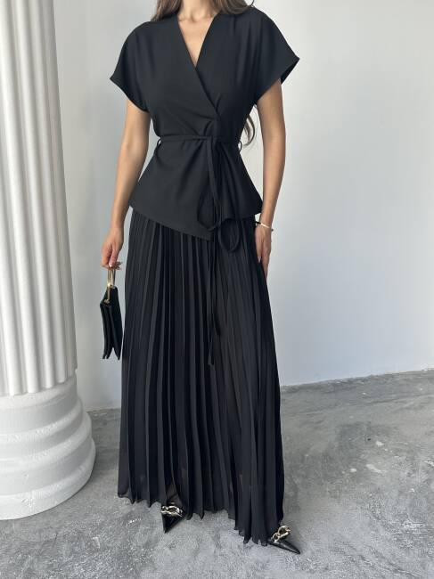 JESERA PİLELİ MAXİ ETEK KUŞAKLI CEKET SİYAH TAKIM - 7