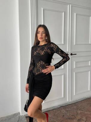 JOSET DANTEL ASİMETRİK KUŞAKLI MİNİ SİYAH ELBİSE - MAXMOOR